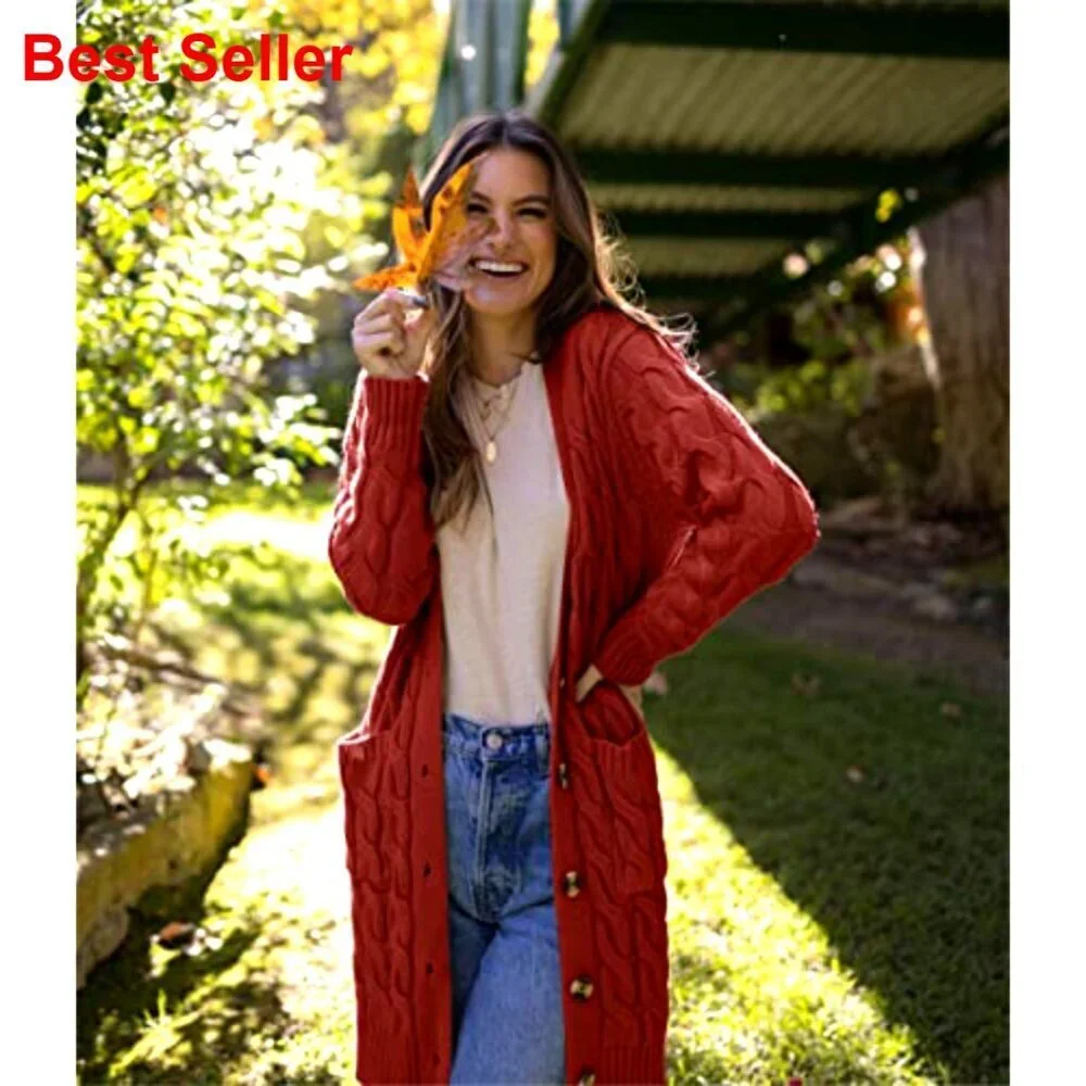 Long Sleeve Cable Knit Cardigan Chunky Open Front Button Sweater with Pockets